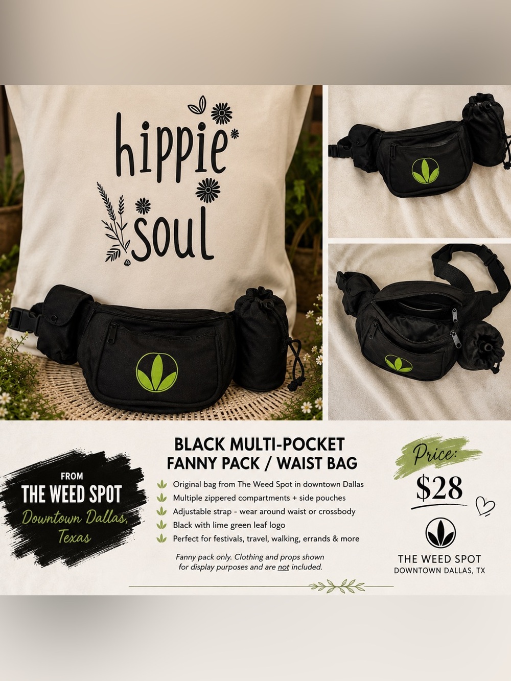 Waist Bag from The Weed Spot in Dallas -  Black Multi-Pocketed for adventures